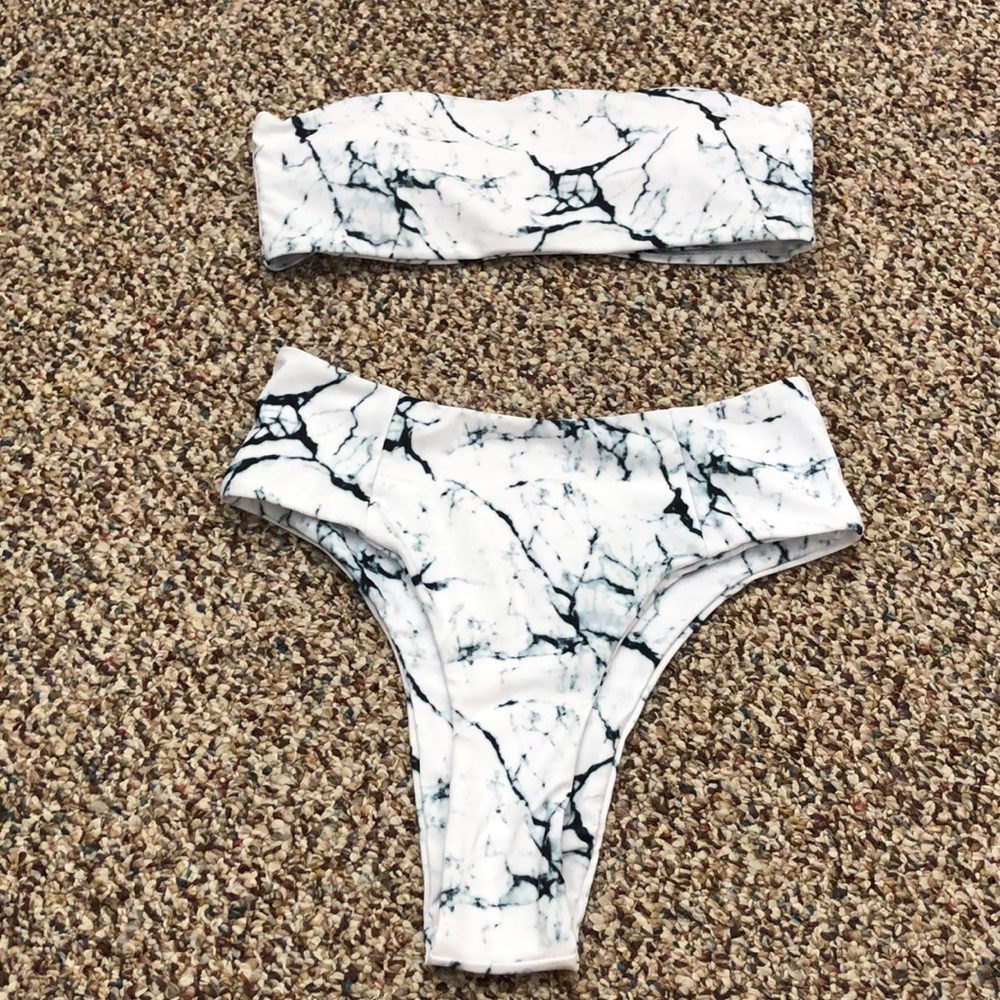 Marble Pattern Bandeau With High Waist Bikini